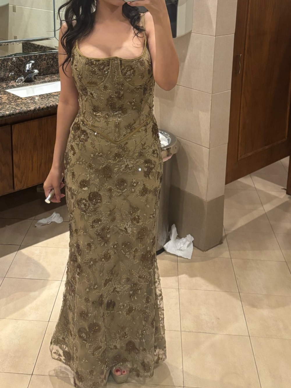 House of CB: Olive Beaded Spaghetti-Strap Evening Dress